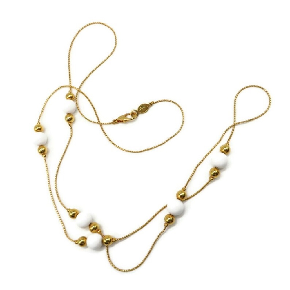 Vintage Necklace - Napier White Bead Gold Tone Skinny Chain Necklace 35 Inch